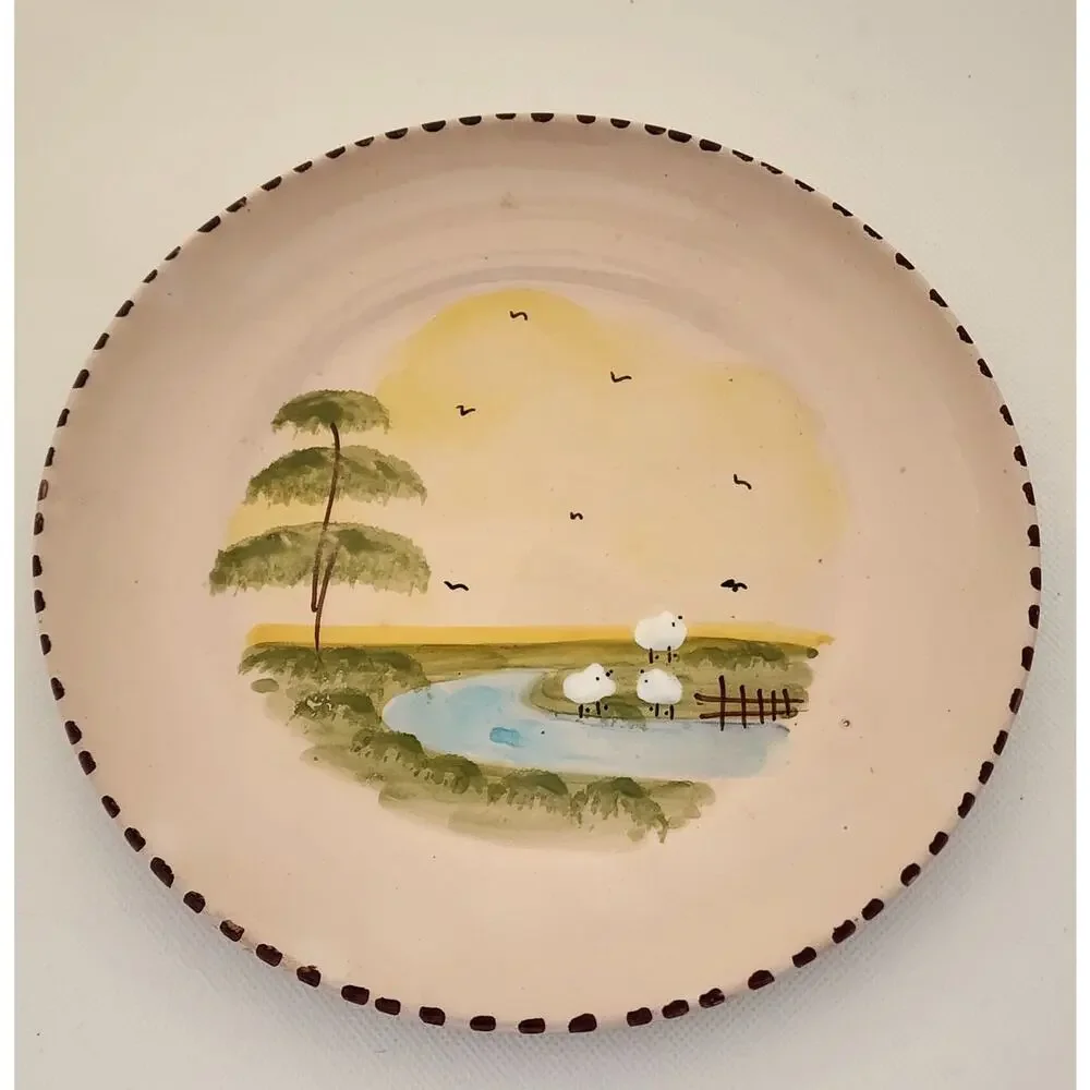 Vintage Handmade Hand Painted Art Pottery Plates Set 2 Raised Sheep Chicken Farm